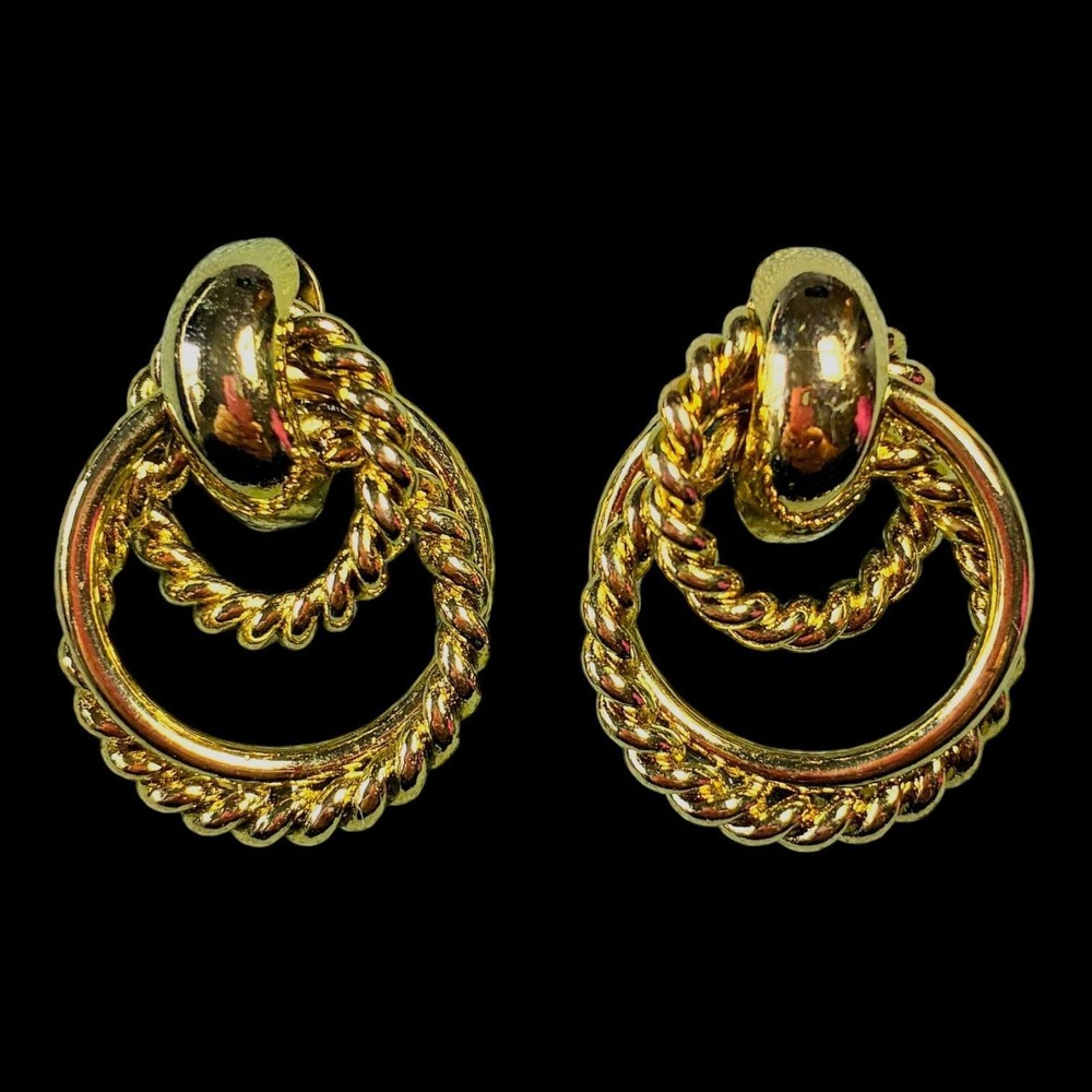 Vintage O.S. Gold Tone Double Hoop Doorknocker Earrings Twisted Rope Signed
